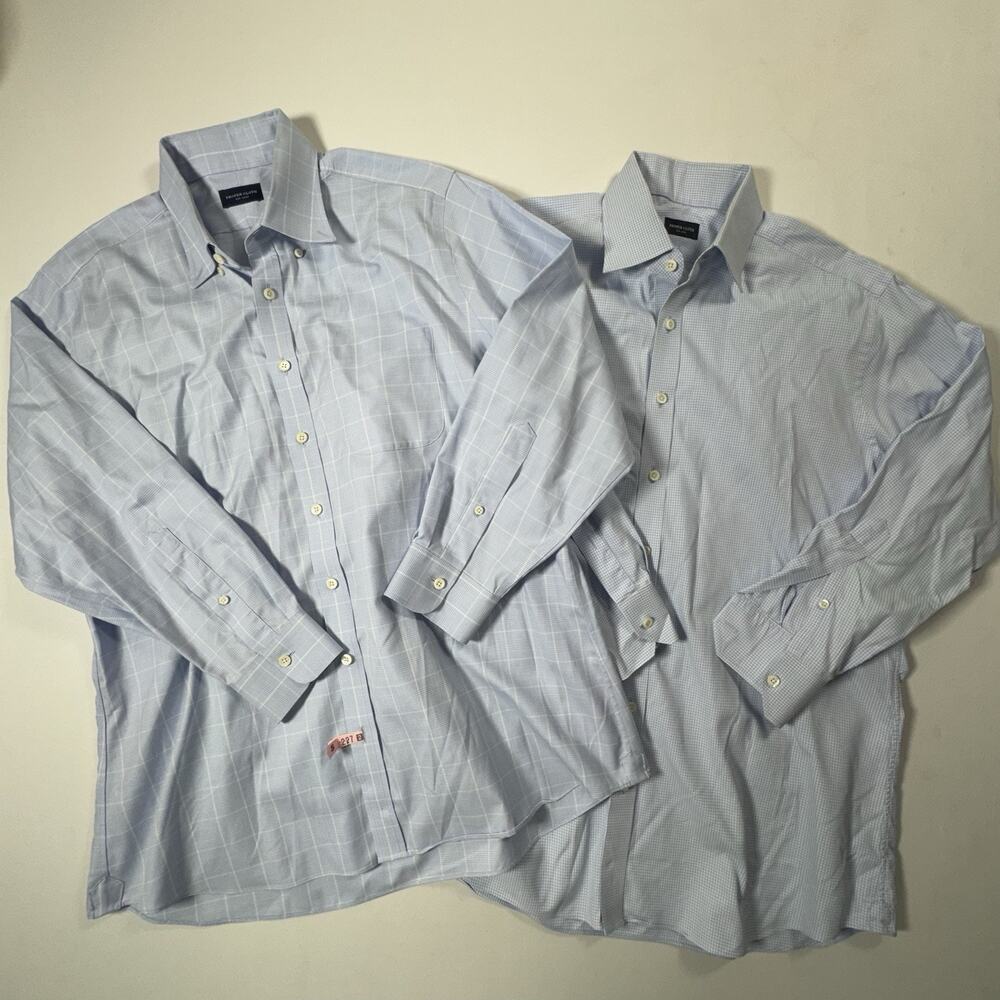 Lot 2 Proper Cloth Mens Dress Shirts 17 32.5 Blue Check Plaid Cotton Button